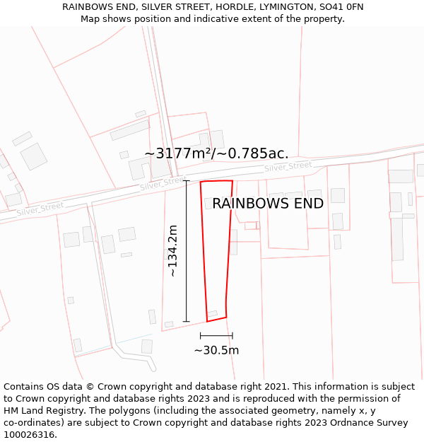 RAINBOWS END, SILVER STREET, HORDLE, LYMINGTON, SO41 0FN: Plot and title map