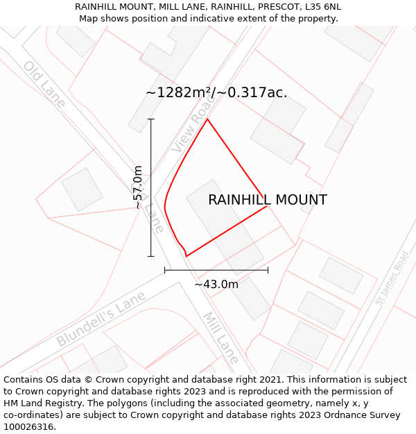 RAINHILL MOUNT, MILL LANE, RAINHILL, PRESCOT, L35 6NL: Plot and title map