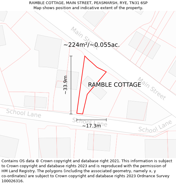 RAMBLE COTTAGE, MAIN STREET, PEASMARSH, RYE, TN31 6SP: Plot and title map