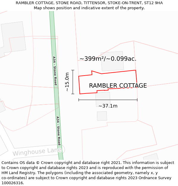 RAMBLER COTTAGE, STONE ROAD, TITTENSOR, STOKE-ON-TRENT, ST12 9HA: Plot and title map