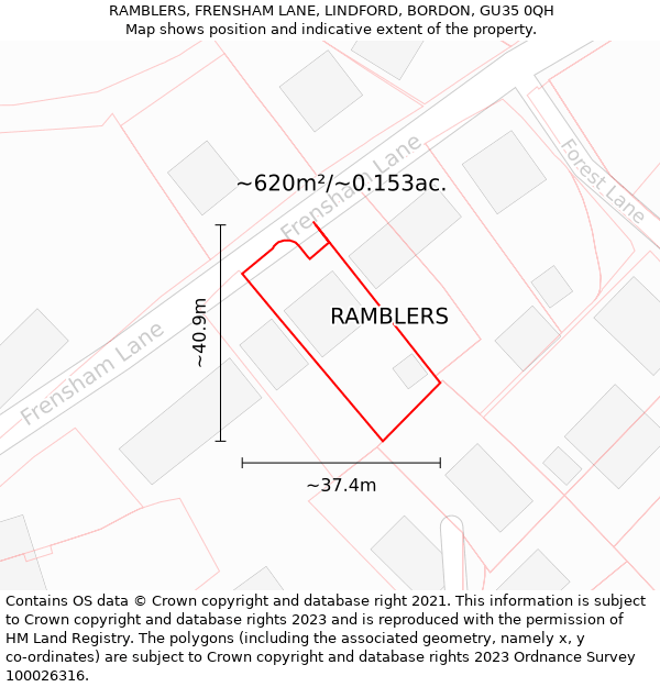 RAMBLERS, FRENSHAM LANE, LINDFORD, BORDON, GU35 0QH: Plot and title map