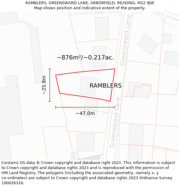 RAMBLERS, GREENSWARD LANE, ARBORFIELD, READING, RG2 9JW: Plot and title map