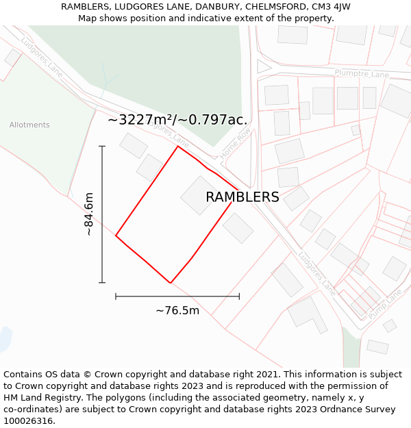 RAMBLERS, LUDGORES LANE, DANBURY, CHELMSFORD, CM3 4JW: Plot and title map