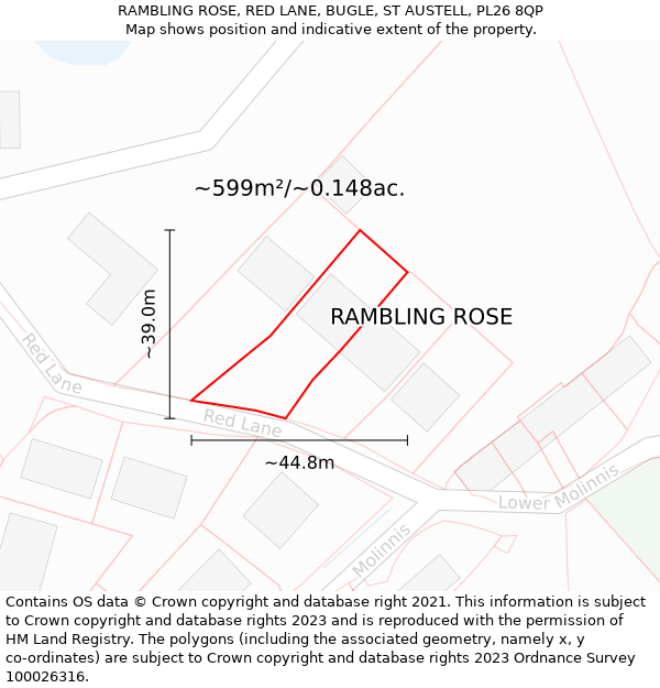 RAMBLING ROSE, RED LANE, BUGLE, ST AUSTELL, PL26 8QP: Plot and title map
