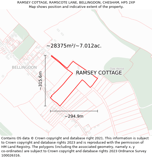 RAMSEY COTTAGE, RAMSCOTE LANE, BELLINGDON, CHESHAM, HP5 2XP: Plot and title map