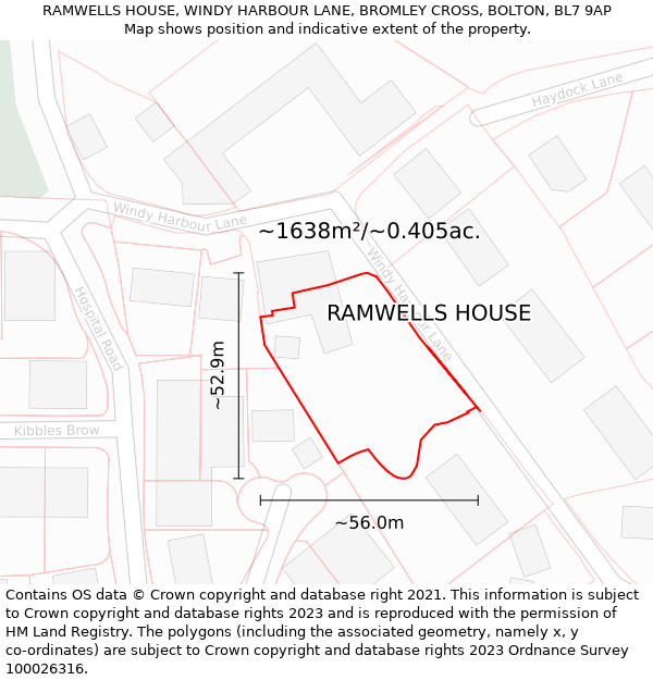 RAMWELLS HOUSE, WINDY HARBOUR LANE, BROMLEY CROSS, BOLTON, BL7 9AP: Plot and title map