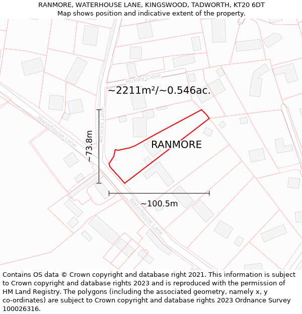 RANMORE, WATERHOUSE LANE, KINGSWOOD, TADWORTH, KT20 6DT: Plot and title map