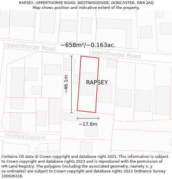 RAPSEY, UPPERTHORPE ROAD, WESTWOODSIDE, DONCASTER, DN9 2AQ: Plot and title map