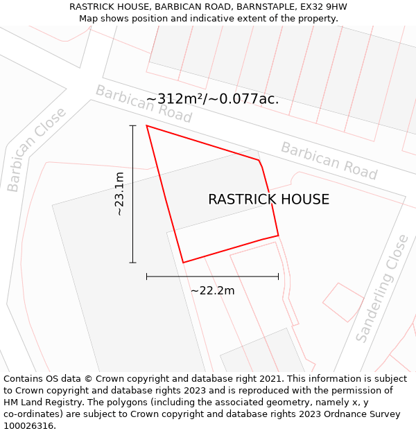 RASTRICK HOUSE, BARBICAN ROAD, BARNSTAPLE, EX32 9HW: Plot and title map