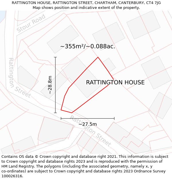 RATTINGTON HOUSE, RATTINGTON STREET, CHARTHAM, CANTERBURY, CT4 7JG: Plot and title map