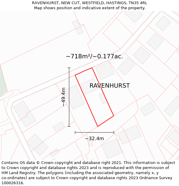 RAVENHURST, NEW CUT, WESTFIELD, HASTINGS, TN35 4RL: Plot and title map