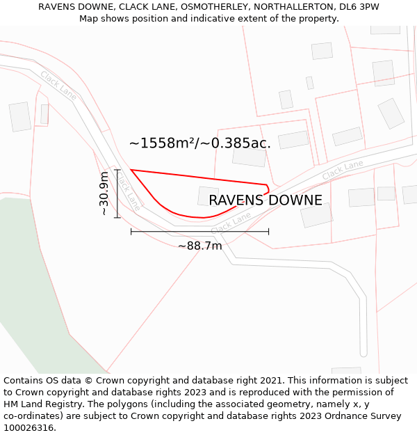 RAVENS DOWNE, CLACK LANE, OSMOTHERLEY, NORTHALLERTON, DL6 3PW: Plot and title map
