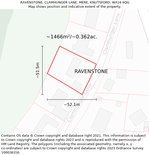RAVENSTONE, CLAMHUNGER LANE, MERE, KNUTSFORD, WA16 6QG: Plot and title map