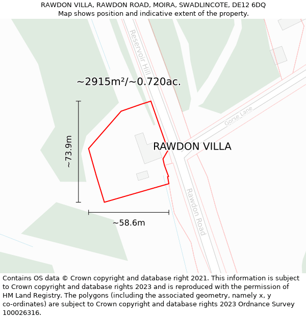 RAWDON VILLA, RAWDON ROAD, MOIRA, SWADLINCOTE, DE12 6DQ: Plot and title map