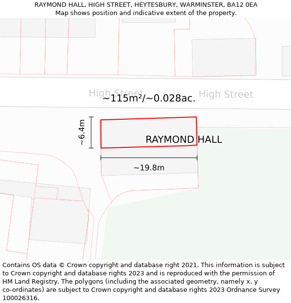 RAYMOND HALL, HIGH STREET, HEYTESBURY, WARMINSTER, BA12 0EA: Plot and title map