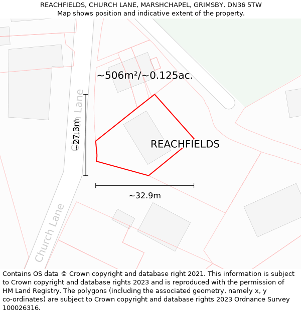 REACHFIELDS, CHURCH LANE, MARSHCHAPEL, GRIMSBY, DN36 5TW: Plot and title map