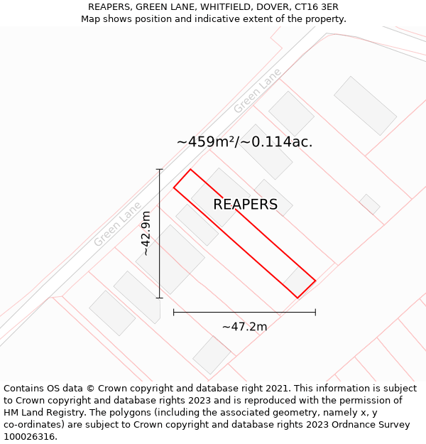 REAPERS, GREEN LANE, WHITFIELD, DOVER, CT16 3ER: Plot and title map