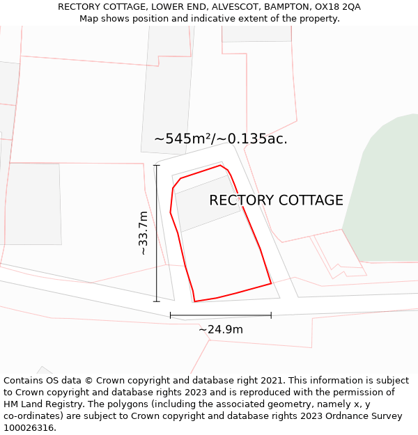 RECTORY COTTAGE, LOWER END, ALVESCOT, BAMPTON, OX18 2QA: Plot and title map