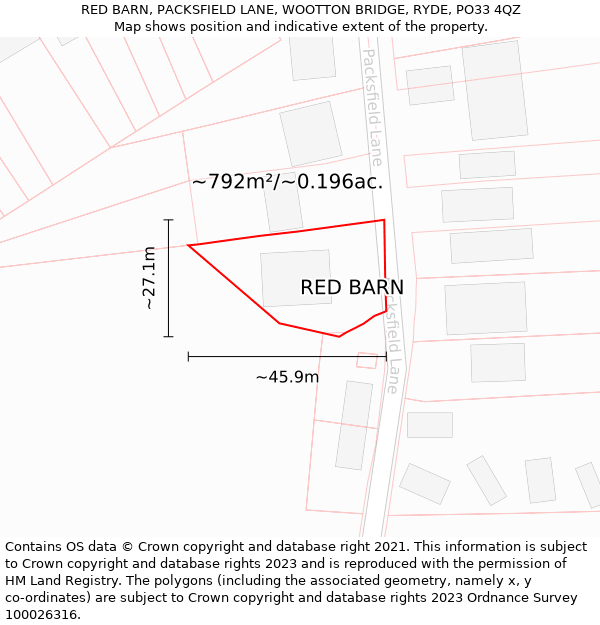 RED BARN, PACKSFIELD LANE, WOOTTON BRIDGE, RYDE, PO33 4QZ: Plot and title map