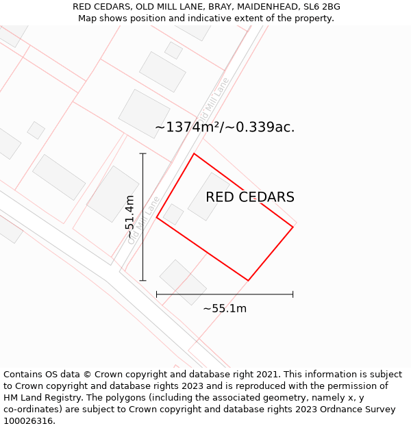 RED CEDARS, OLD MILL LANE, BRAY, MAIDENHEAD, SL6 2BG: Plot and title map