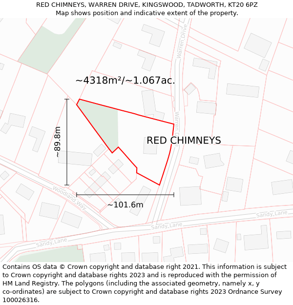 RED CHIMNEYS, WARREN DRIVE, KINGSWOOD, TADWORTH, KT20 6PZ: Plot and title map