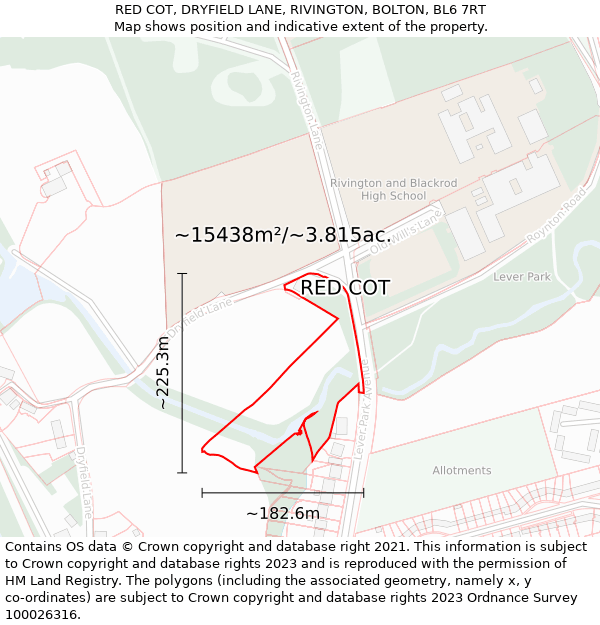 RED COT, DRYFIELD LANE, RIVINGTON, BOLTON, BL6 7RT: Plot and title map