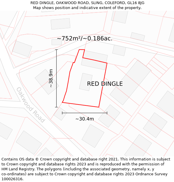 RED DINGLE, OAKWOOD ROAD, SLING, COLEFORD, GL16 8JG: Plot and title map