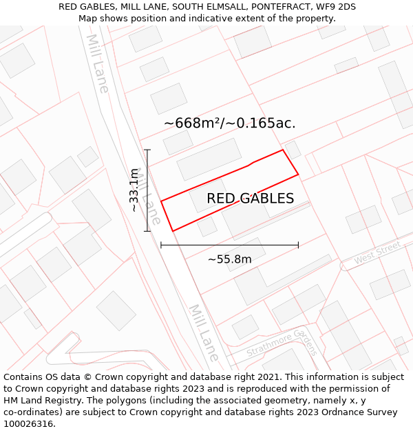 RED GABLES, MILL LANE, SOUTH ELMSALL, PONTEFRACT, WF9 2DS: Plot and title map