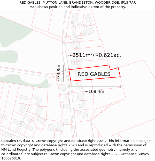 RED GABLES, MUTTON LANE, BRANDESTON, WOODBRIDGE, IP13 7AR: Plot and title map