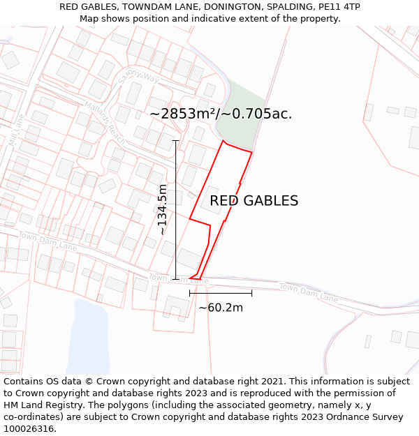 RED GABLES, TOWNDAM LANE, DONINGTON, SPALDING, PE11 4TP: Plot and title map