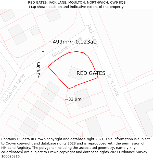 RED GATES, JACK LANE, MOULTON, NORTHWICH, CW9 8QB: Plot and title map