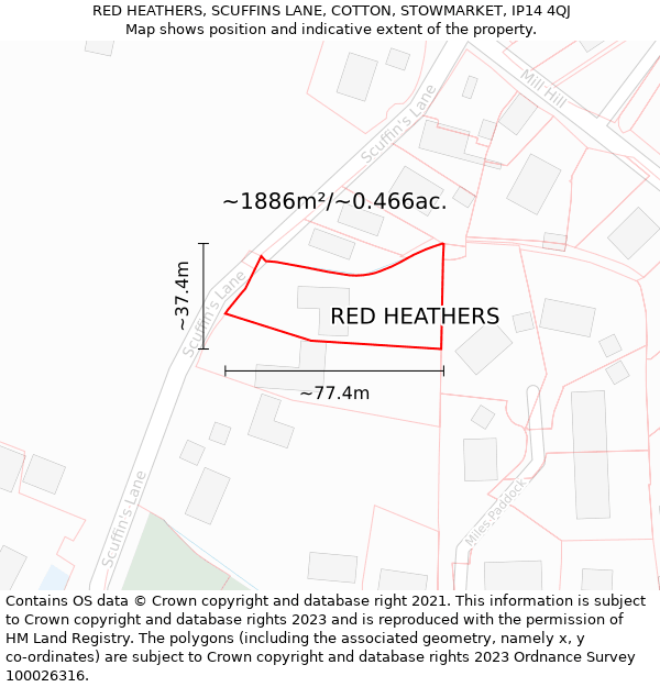 RED HEATHERS, SCUFFINS LANE, COTTON, STOWMARKET, IP14 4QJ: Plot and title map