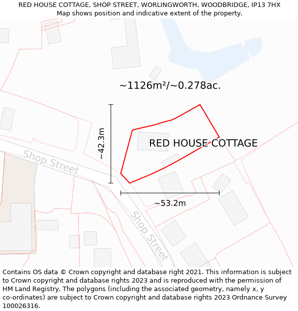 RED HOUSE COTTAGE, SHOP STREET, WORLINGWORTH, WOODBRIDGE, IP13 7HX: Plot and title map
