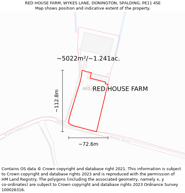 RED HOUSE FARM, WYKES LANE, DONINGTON, SPALDING, PE11 4SE: Plot and title map