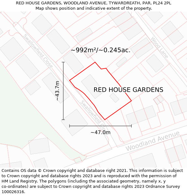 RED HOUSE GARDENS, WOODLAND AVENUE, TYWARDREATH, PAR, PL24 2PL: Plot and title map