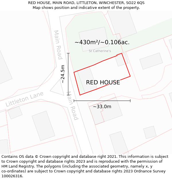 RED HOUSE, MAIN ROAD, LITTLETON, WINCHESTER, SO22 6QS: Plot and title map