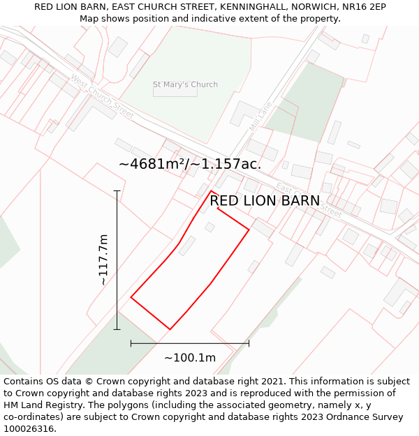 RED LION BARN, EAST CHURCH STREET, KENNINGHALL, NORWICH, NR16 2EP: Plot and title map