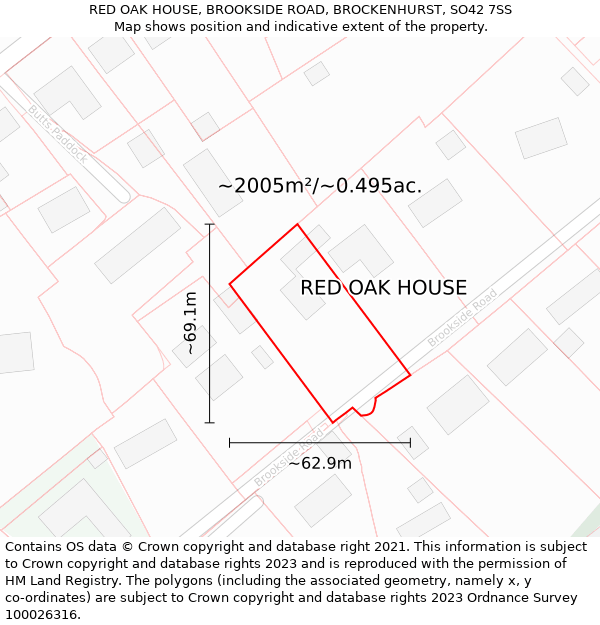 RED OAK HOUSE, BROOKSIDE ROAD, BROCKENHURST, SO42 7SS: Plot and title map