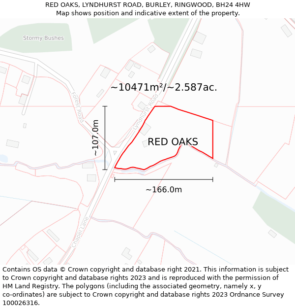 RED OAKS, LYNDHURST ROAD, BURLEY, RINGWOOD, BH24 4HW: Plot and title map