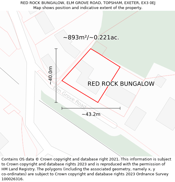 RED ROCK BUNGALOW, ELM GROVE ROAD, TOPSHAM, EXETER, EX3 0EJ: Plot and title map