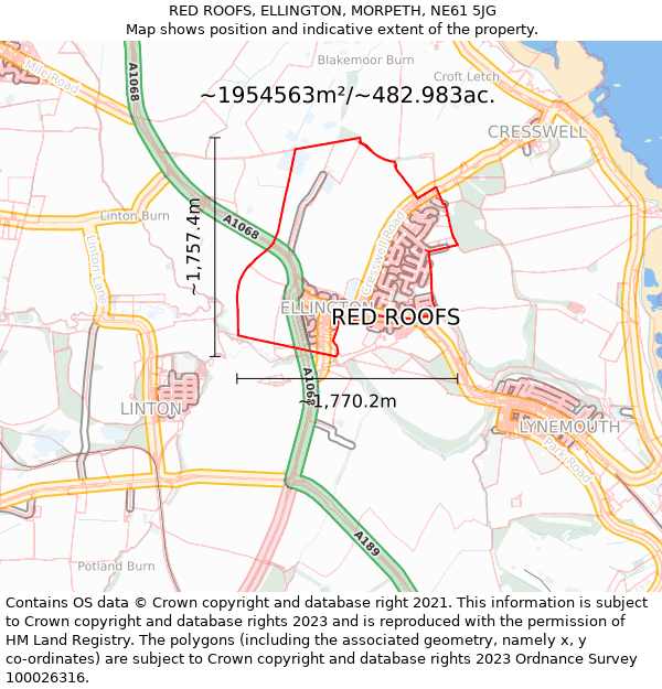 RED ROOFS, ELLINGTON, MORPETH, NE61 5JG: Plot and title map