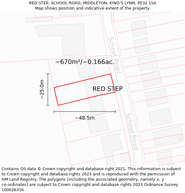 RED STEP, SCHOOL ROAD, MIDDLETON, KING'S LYNN, PE32 1SA: Plot and title map