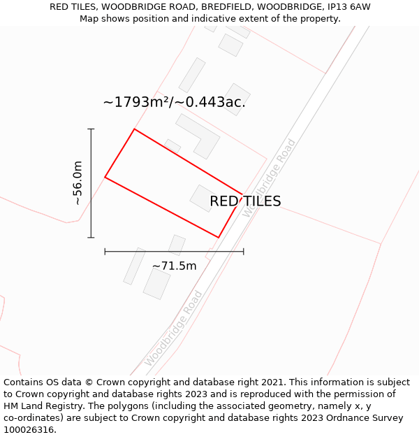 RED TILES, WOODBRIDGE ROAD, BREDFIELD, WOODBRIDGE, IP13 6AW: Plot and title map