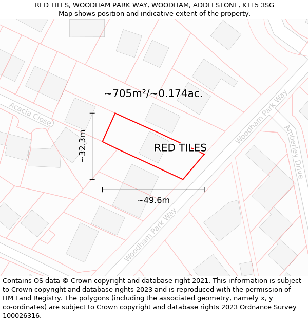 RED TILES, WOODHAM PARK WAY, WOODHAM, ADDLESTONE, KT15 3SG: Plot and title map