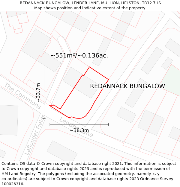 REDANNACK BUNGALOW, LENDER LANE, MULLION, HELSTON, TR12 7HS: Plot and title map