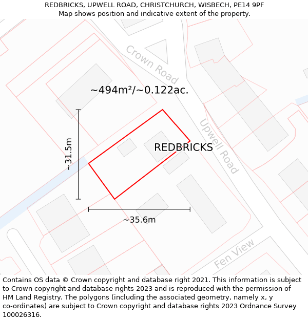 REDBRICKS, UPWELL ROAD, CHRISTCHURCH, WISBECH, PE14 9PF: Plot and title map