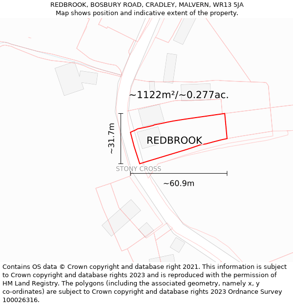 REDBROOK, BOSBURY ROAD, CRADLEY, MALVERN, WR13 5JA: Plot and title map