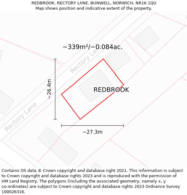 REDBROOK, RECTORY LANE, BUNWELL, NORWICH, NR16 1QU: Plot and title map