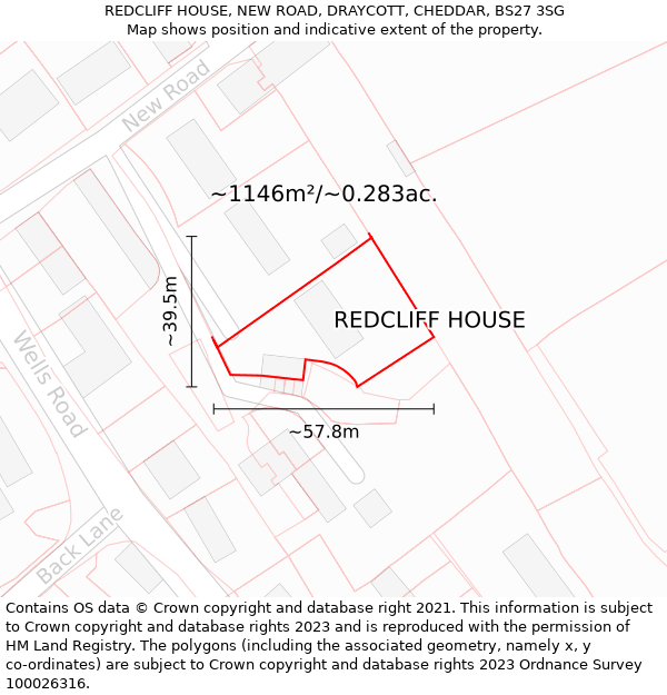 REDCLIFF HOUSE, NEW ROAD, DRAYCOTT, CHEDDAR, BS27 3SG: Plot and title map