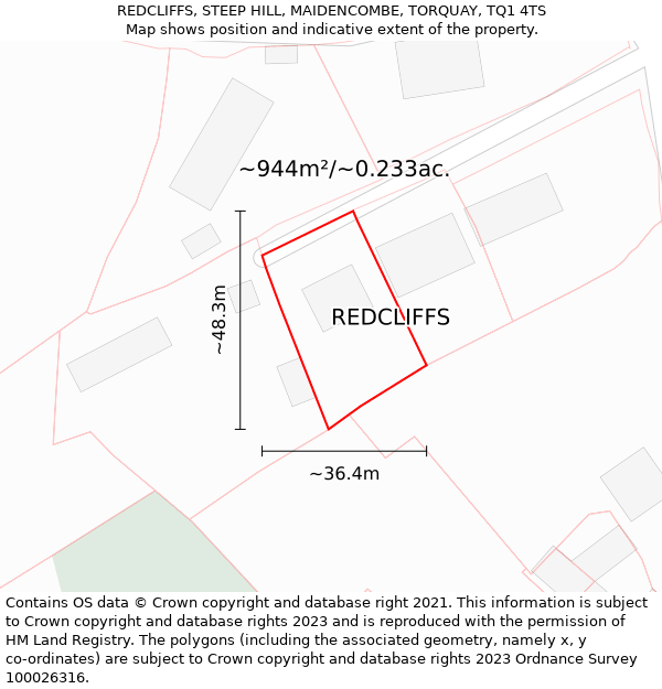 REDCLIFFS, STEEP HILL, MAIDENCOMBE, TORQUAY, TQ1 4TS: Plot and title map